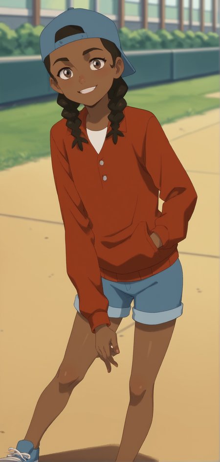 masterpiece, high quality, score_9,  score_8_up, score_7_up  Flip Johnson, Dark-skinned female, twin braids, black hair, backwards hat, baseball hat, brown eyes, shorts, red jacket, white shirt, ((cute)), 1girl, smile, looking at viewer, full body<lora:Flip_Johnson_of_My_Adventures_with_Superman:0.9>