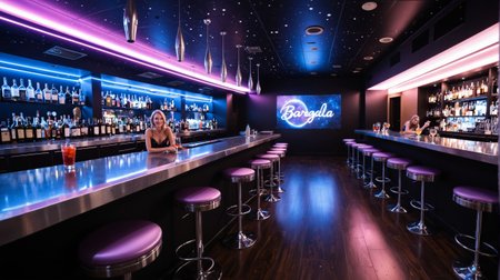 cinematic photo of Stabitha_Strangula, dynamic pose, (Point-of-view shot:1.5), (style of Alex Prager), intergalactic bartender, sleek futuristic attire, textured metallic fabric, silver accents, cosmic neon lights around bar, curved polished countertop, reflective surfaces filled with exotic galactic drinks, crowd of aliens surrounding bartender, diverse species, colors, textures, exaggerated features, elegant and rugged, space opera western aesthetic, blend of dusty desert undertones with futuristic shine, vast panoramic view of distant stars, planets, nebulae visible through expansive floor-to-ceiling window, lively scene, vibrant dim lighting, rich deep purples and blues contrasting with warm amber hints, bartender in charismatic stance, poised hand serving brightly colored drink, warm smiles, camaraderie, bustling space saloon atmosphere, dynamic composition, rule of thirds highlighting bartender, bold mood, energetic, retro futuristic style artistate, intricate elements,  ooh_me_likey-xl