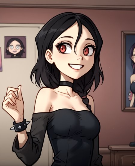 ((((young, pretty woman , medium breasts)))) <lora:Eyes_High_Definition:0.8> EyesHD<lora:Expressive_H:0.8> Expressiveh,room background, ROCK bands poster background
<lora:Lif_metal_family:1> lif, 1girl, black hair, black dress, spiked bracelet, smile, black choker, spikes, red eyes