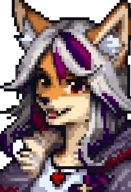 score_9, score_8_up, score_7_up, source_furry, fe4portraits, portrait, white background, pixel art,   source_furry, fox girl, sfxm, anthro, female furry, fox, fox tail, fox ears, body fur, fluffy, paws, tunic, cape, scarf, heart-shaped pendant,  bandages, red eyes, open mouth, fangs, (red hair, (violet highlights:2)),