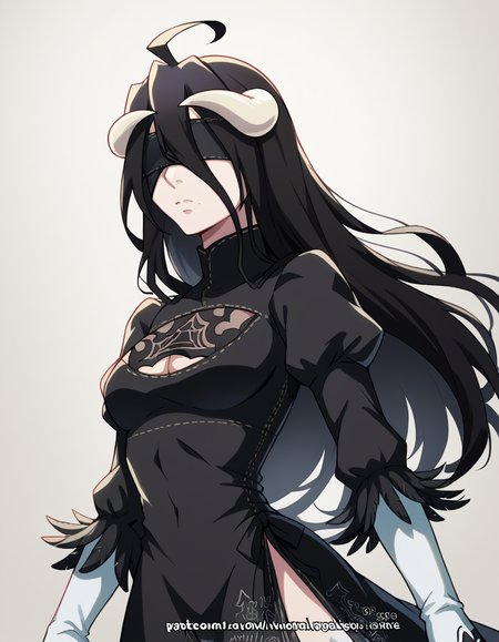 score_9, score_8_up, score_7_up, source_anime, overlordalbedo, <lora:overlord-albedo-s1s2-ponyxl-lora-nochekaiser:1>, albedo, ahoge, black hair, horns, long hair, yellow eyes,, <lora:2b-cosplay-ponyxl-lora-nochekaiser:1>, 2bcosplay, 2b \(nier\:automata\) \(cosplay\), gloves, long sleeves, dress, puffy sleeves, black dress, clothing cutout, cleavage cutout, juliet sleeves, feather-trimmed sleeves, blindfold, black blindfold, covered eyes,, wasteland,, cowboy shot, dutch angle,