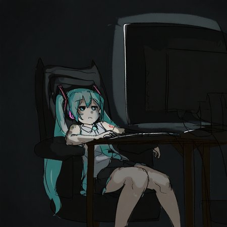imagine, sketch, 1girl, hatsune miku, jitome, feet out of frame, looking ahead, monitor, keyboard (computer), mouse (computer), gaming chair, desk, dark, dark background, dim lighting, sitting, on chair,