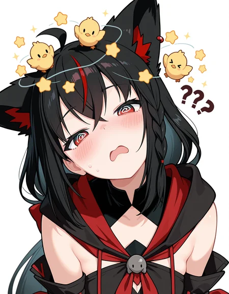 1girl, kurokami fubuki, hololive,solo,
head tilt, confused, ?,??,  blush, open mouth, @_@,half-closed eyes, 
seeing stars, bird, chick, star (symbol),sparkle,dizzy,
upper body,  ,
leaning forward,  ,
white background, simple background,
masterpiece,best quality,amazing quality,very aesthetic,absurdres,newest,
<lora:reduce_wrinkles_illstriouosv0.1_ADDifT_2_in_1_v1.2:0.8>,
<lora:99coins_seeing_stars_IL_v5_10:1>,