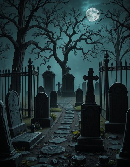 A dark and eerie cemetery shrouded in mist, with ancient, weathered tombstones covered in moss. The scene is dimly lit by a pale, ghostly moonlight filtering through twisted, leafless trees. Cracked stone pathways lead through the graveyard, partially hidden by overgrown grass and creeping ivy. A few old, gothic-style mausoleums stand in the background, their iron gates slightly ajar, adding to the mysterious and haunting atmosphere. Wisps of fog swirl around the gravestones, enhancing the eerie mood. The overall color palette consists of deep blues, grays, and muted greens, creating a cold and unsettling ambiance. The image is highly detailed and photorealistic, capturing the textures of the aged stone, the fogâs movement, and the ominous shadows stretching across the ground. 
<lora:SDXLFaeTastic2400:0.4> <lora:extremely_detailed:0.4> extremely detailed,<lora:33r13_c3m3t3ry-ill:1>,33r13 c3m3t3ry, Masterpiece,best quality,hi res,8k,hi res,8k,award winning,(sharp focus, intricate, highly detailed),