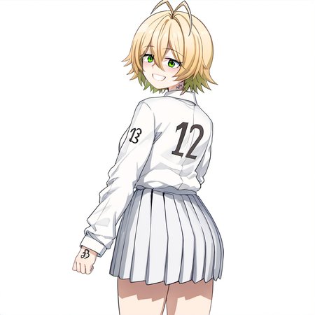 1girl, emma (yakusoku no neverland), by kodoto, antenna hair, blonde hair, from behind, green eyes, grin, hair between eyes, long sleeves, looking at viewer, looking back, miniskirt, neck tattoo, number tattoo, pleated skirt, shirt, short hair, skirt, smile, solo, standing, tattoo, white shirt, white skirt,