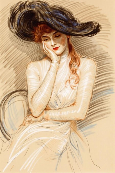 paulcesarhelleu1 illustration. 
A woman wearing a wide-brimmed, elaborate hat that tilts to one side, casting a shadow on her face. She is dressed in a long, sheer garment. her left hand gently touching her cheek. She has long, flowing auburn hair.
 <lora:paulcesarhelleu1_cap_d6a3e11:1.0><lora:844387370926140941:0>