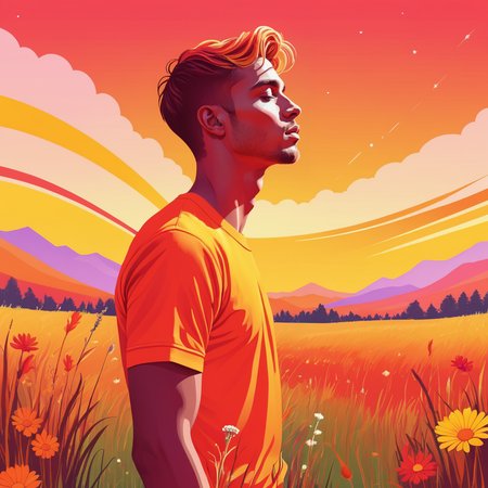 ethereal dreamlike vector art evoking pride, side view of a hot fuckboy in a meadow, red, orange, yellow, vividly queer, high saturation