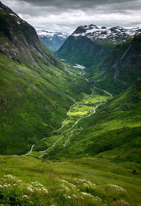 A vast green Norwegian mountain valley, dotted with trees, tall grass, tall snowcapped mountains <lora:add-detail-xl:1.5>