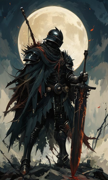 Digital painting of a dark armored knight with a large sword standing in front of a red glowing full moon. The knight has a menacing skeletal appearance with a black tattered cloak. The background is dark and chaotic with twisted thorny branches. The composition uses the rule of third with the knight positioned off-center. The color palette is dark with red accents. The aesthetic quality is very high. <lora:- NAI - PdJ_highres_counterweight_V.2.0-step00021000:0.7>   <lora:- NAI - ac_illustration_V1.0-step00011000:.6>