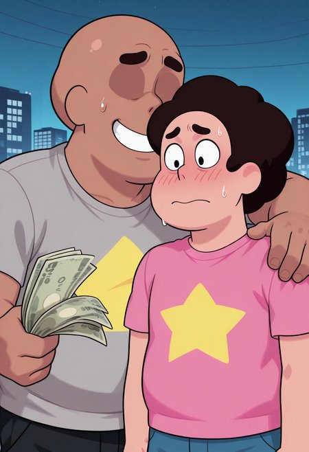 score_9, score_8_up, score_7_up, Absurdres, Intricate Details, Masterpiece, Best Quality, source_cartoon, anime screencap, high quality cg, ((2boys)). Steven universe, slightly chubby, pink t-shirt, nervous face, sweat drop, looking down at money. Faceless male with dark skin, tall, grey t-shirt, bald, no eyes, smile, holding dollar bills, offering money, arm around the shoulder. shoulder-to-shoulder, City background.