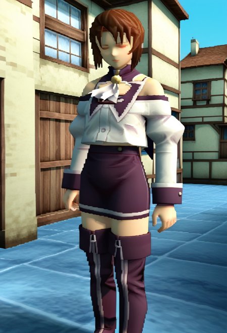3d, mgs1_style, no eyes, 1girl, solo, female focus, Natsumi_SN1, brown hair, short hair, bangs, sidelocks, short hair with long locks, capelet, neck bell, ascot, off-shoulder shirt, bare shoulders, juliet sleeves, long sleeves,  sleeve cuffs, circle skirt, fold-over boots, thigh boots, zettai ryouiki, outdoors, fantasy village background, slums, building,