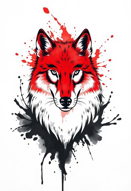 White background, a Wolf's head breaks through the background, the top half of the Wolf's head is a big splash of red ink, the bottom half of the Wolf's head is a big splash of black black ink, ink rendering