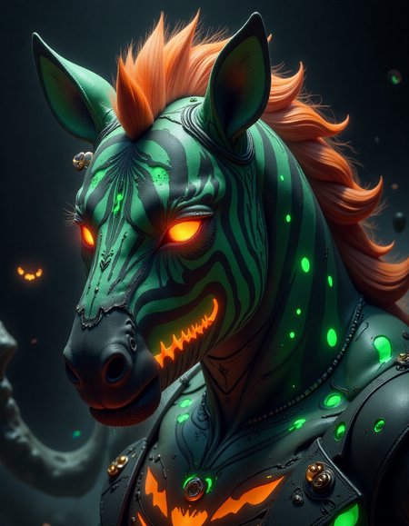 spooky halloween , a green and orange  zebra, in the style of hall0w33n