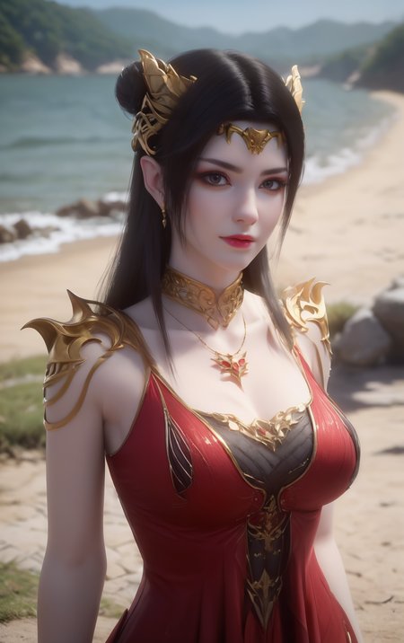 portrait,cowboy_shot,masterpiece,best quality,1girl,solo,black hair,hair ornament,dress,red dress,hair bun,1girl,<lora:MEIDUSHA:1>,posing,looking_at_viewer,eye-contact,(smile:0.7),