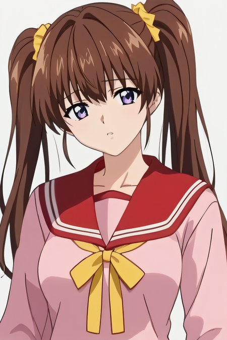 score_9, score_8_up, score_7_up, source_anime, rating_safe, intricate details, anime screencap, official style, 1girl, solo, <lora:Serizawa_Miki:1>, serizawamiki, purple eyes, brown hair, twintails, long hair, pink shirt, medium breasts, school uniform, long sleeves, red sailor collar, yellow ribbon, looking at viewer, upper body, sad expression, parted lips