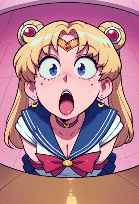 spd0ru, masterpiece, amazing quality, best quality, detailed eyes, detailed skin, aesthetic,Fisheye View, 
sailor moon, blonde hair, blue eyes, open mouth, surprised, pink background