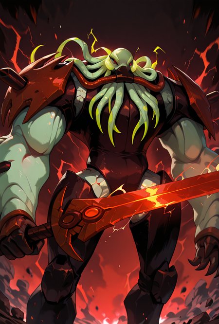 <lora:vilgax-05:1> vilgax, no humans, solo, red eyes, armor, 
  <lora:Crackling_Energy:1> cr4ckl3, electricity, red spaceship, holding red sword, glowing sword,, masterpiece, best quality, amazing quality, very aesthetic, absurdres, newest,