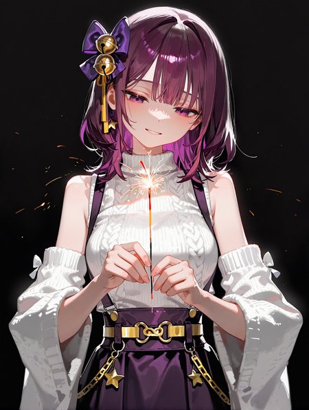 soli, 1girl, purple hair, medium hair, dark purple high-waisted Suspender short skirt, Detached sleeves, white furisode, white Ruffle sweater, bow hair accessory with bell, yellow chain belt, tie, hand-held fireworks, sparkler, looking down, hands before breasts, narrowed eyes, smile, sad, temochihanabi, magic, star, (light trail:1.3), scenery, (portrait:1.2), dark, black background, volumetric light, facing viewer, fron view, (high contrast:1.1), sensitive, chyoel,solar,[kuzuvine],[[dino (dinoartforame)]],[[[ciloranko]]], masterpiece,best quality,newest,absurdres,highres,very aesthetic, very awa,