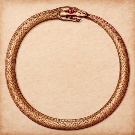 Ouroboros, ruby colored eyes, snake eating its own tail, snake with its tail in its mouth, snake, solo snake, drawn on ancient parchment paper, background is parchment paper. ancientegypt, detailed background.