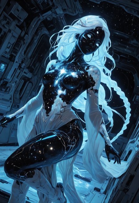 highres, very detailed, amazing quality, masterpiece,
very aesthetic, sp4ce-g0dd3ss
particle effect,
1girl, solo, beautiful eyes, goddess, goddes of constellations, black skin, sparkly skin, glitter on skin, iridescent hair, glowing hair, very long braids, strong face, solo, eyes with galaxies, cosmos eyes, Covered in Tattoos, geometric tattoos, white tattoos, small breasts, curvy, grey robe with pearlescent trim, 
BREAK, 
greek theme, goddess theme, universe theme, 
floating, one leg up, dynamic pose,
foreshortening, dutch angle,
curious look,
in sleek spacecraft, in space station, funtional interior, modern interior, white panels,