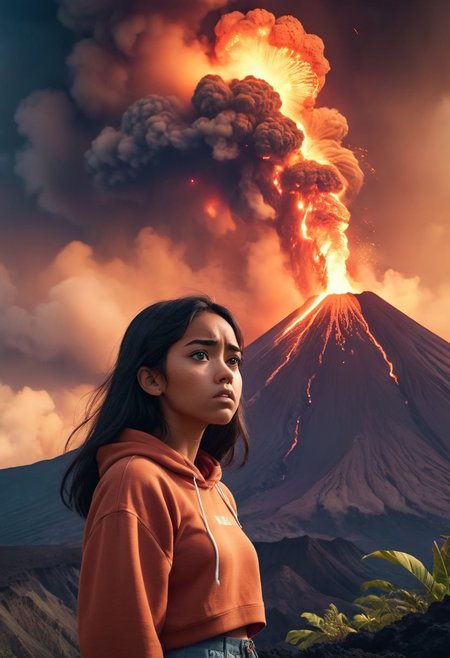 beautiful 18yo hawaiian girl, staring into the caldera of an erupting volcano, dramatic. Analog Color Theme, Lo-Fi Hip Hop , retrospective, flat, 2.5D,