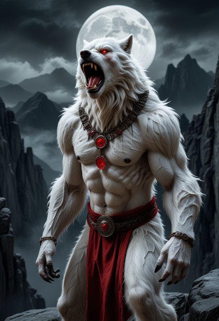 (medium full shot) of (fearsome werewolf), white fur, glowing red eyes, wearing torn tunic,  enchanted talisman,  set in  a moonlit mountain ridge with sheer cliffs, howling winds, a sense of dread, during a full moon, Masterpiece,best quality, photo, realistic, very aesthetic, detailed face,