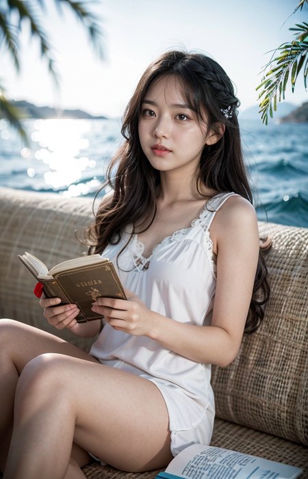 cinematic photo break. white wavy long hair,
A wonderful life, a relaxed atmosphere,Aegean Sea,sunny,a girl in love,reading books,pajama,smile,
<lora:Better_Pose:1>  <lora:fluxenhancer:1> <lora:sparklycism:1>, <lora:Tangbohu_real_style_FLUX_type_A:1>, 35mm photograph, film, (bokeh:1.3), professional, 4k, highly detailed