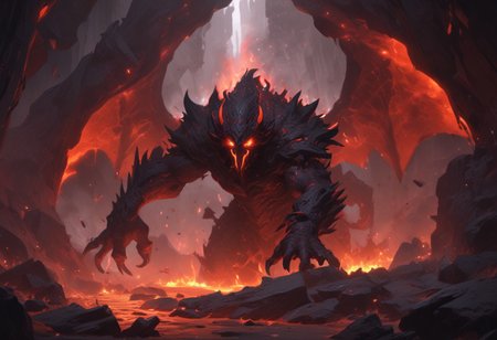"Inside a vast, dark volcanic cave, the walls glow with the fiery red-orange light of molten lava flowing through cracks in the stone. In the center of the cave stands Shadow Fiend, Nevermore, a towering, menacing figure cloaked in darkness and shadowy flames. His glowing red eyes pierce through the gloom as he stands tall, his sharp claws outstretched, radiating an aura of dread and power. The ground beneath him is scorched, with small embers rising around his feet. He looks down the cave tunnel with a mix of impatience and malevolence, waiting for a worthy challenger to step into his domain. The scene is filled with an intense, oppressive atmosphere, with smoke and heat swirling in the air, making the cave feel like the very heart of a volcano."