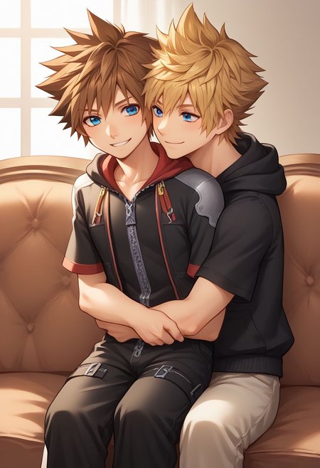 score_9, score_8_up, source_anime, highly detailed, 2boys,
sora, spiked hair, male focus, 1boy, brown hair, blue eyes, zipper, hoodie, BREAK
roxas, 1boy, zipper, male focus, spiked hair, blue eyes, blonde hair, pants, short sleeves, zipper pull tab, 
indoor, sofa, medieval, on lap, hug, smile,