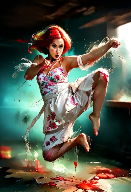 score_9, score_8_up, score_7_up, score_6_up, score_5_up, score_4_up, 
BREAK
picture-perfect, best quality, detailed shading, depth_of_field, cinematic lighting, (cowboy view), 
BREAK
1girl, kim_pos_V2, kim_pos_V2_face, kim_pos_V2_body, long red hair, 18 years old, (stunning green eyes), (skin detail, freckles, moles on skin:1.4), ((red hair:1.5))
BREAK
1boy, ninja, ninja outfit, shadowed, fighting stance, sword, dodge girl
BREAK
1girl, leaping flying karate kick ninja, feet off ground, ((teep fighting stance,martial arts, incoming attack, ((mid air, dynamic, motion blur, blood splashes)))), jusiki, doing a high jump sidekick, doing a jump sidekick, (((jump at viewer))), perfect makeup, ((random hairstyle, cotton sundress with floral print)), 
BREAK
(:1.2), 
BREAK
(:1.2)
BREAK
full view shot, (stable, haybales, golden sunlight, detailed multi-layered background),