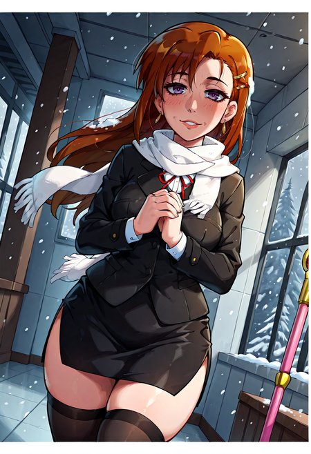 IllustriousQual, <lora:StS-Illustrious-Detail-Slider-v1.0:2> <lora:cfg_scale_boost:0.3> <lora:StS_Age_Slider_Illustrious_v1:3>,detailed_background,indoors,neck ribbon,idolmaster,zettai ryouiki,white scarf,black jacket,long sleeves,hairclip,gakuen idolmaster,blonde hair,lyrical nanoha,brown hair,staff,white jacket,scarf,holding,snowing,thighhighs,dutch angle,smile,miniskirt,pencil skirt,hair ornament,shinosawa hiro,solo,side slit,wind,earrings,colored eyelashes,own hands together,parted lips,absurdres,border
