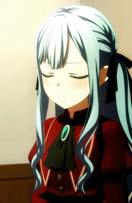 1girl, solo, long_hair, blush, shirt, ribbon, closed_mouth, upper_body, closed_eyes, grey_hair, hair_ribbon, indoors, parody, red_shirt, brooch