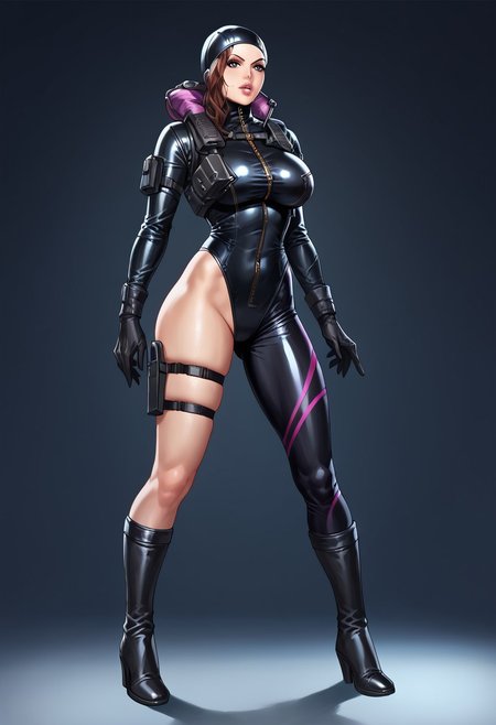 score_9, score_8_up, score_7_up, score_6_up, source_anime, BREAK 1girl, jessicasherawat, brown hair, makeup, lips, wetsuit cap, wetsuit, single bare leg, big breasts, Gear, thigh holster, boots, gloves,,