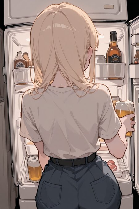 masterpiece,best quality,amazing quality, blonde guy, looking at a refrigerator, refrigerator interior,  
from behind, taking a beer,
(flat cute color 0.9), from below