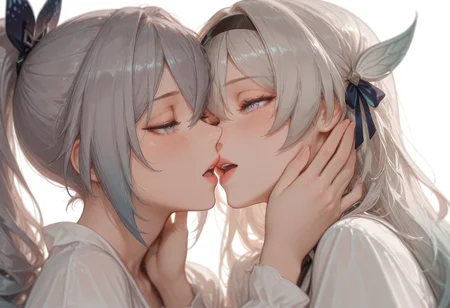 firefly \(honkai: star rail\), silver wolf \(honkai: star rail\), 2girls, black hairband, blush, hand on another's cheek, hand on another's face, imminent kiss, long sleeves, multiple girls, open mouth, pink lips, shirt, simple background, teeth, upper teeth only, white background, white shirt, yuri
BREAK
(Smooth Quality:0.8),masterpiece,best quality,amazing quality, absurdres, ultra-HD, 8k, fit body, raytracing, soft lighting, volumetric lighting, ambient occlusion,absolutely eye-catching, usnr, (cinematic composition), depth of field, (adult face), (mature female:1.2), very aesthetic, (detailed face and eyes), sharp focus, warm lighting, semi realistic, emphasize body relief, Stylized digital image,
<lora:illustrious_quality_modifiers_masterpieces_v1:1> <lora:USNR_STYLE_ILL_V1_lokr3:0.4> <lora:MGE_V5.2_IL:0.7> <lora:MoriiMee_Gothic_Niji_Style_Illustrious_r1:0.6>  <lora:ppw_v7_Illuv1.0_1_r2:0.4>