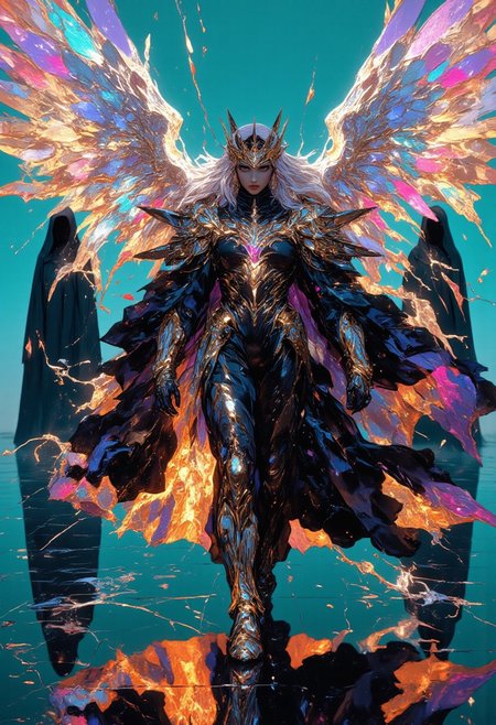 A hyper-realistic full-body portrait of a regal, seductive winged woman walking with a dynamic, commanding pose, radiating elegance and power. She wears a sharp, symmetrical chrome crown with blade-like points that reflect radiant metallic highlights, evoking a futuristic brilliance. Her flowing robe, crafted from glowing neon dots and vivid lines, shifts mesmerizingly between electric cyan, deep magenta, and radiant gold, creating a surreal, otherworldly allure. Her silver and azure hair, softly glowing, floats weightlessly, amplifying her ethereal presence, while her robe flows in gravity-defying waves, accentuating the motion. Beneath her, the ground features a black obsidian tile floor, its uneven hexagonal tiles streaked with veins of molten gold light that pulse like living energy, adding depth and surreal vibrance. Two veiled women in matte-black robes stand solemnly in the background, their faces obscured and their mysterious presence deepening the enigma. The backdrop is a neon turquoise gradient, faintly illuminated by glowing, cryptic Illuminati-inspired symbols, their soft pulses harmonizing with the glowing tiles. Cinematic lighting bathes the scene in an ethereal glow, accentuating the crown’s brilliance, the robe’s vivid tones, and the surreal floor. Captured in 8K resolution with a 35mm lens at f/1.2, every detail is rendered with precision, merging hyper-realism and surreal elegance into a stunning visual narrative.