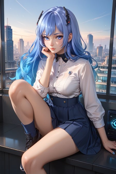 score_9, score_8_up, score_7_up,
<lora:FGBH:0.8>
FGBH, 1girl, blue hair, blue eyes, long hair, gradient hair, looking at viewer, sitting on a windowsill, one leg bent, one hand resting on the knee, city skyline at dusk in the background, moody and reflective ambiance