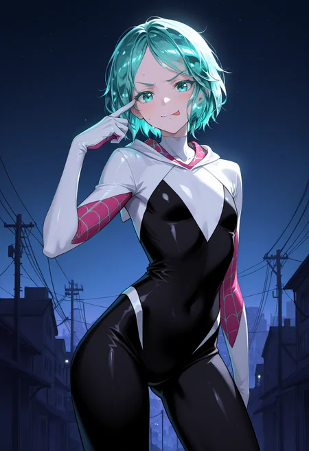 masterpiece, best quality, 1girl, solo, androgynous, ph0s, pale skin, colored eyelashes, crystal hair, aqua hair, short hair, parted bangs, hooded bodysuit, spider web print, bodysuit, hood, gwenstacy, outdoors, alleyway, night, dark, contrapposto, legs apart, standing, hip focus, aqua eyes, building, night sky, power lines, dark theme, cowboy shot, dim lighting, dark background, looking at viewer, akanbe, eyelid pull, finger to eye, tongue out, v-shaped eyebrows, sweatdrop, closed mouth, smirk, nervous smile