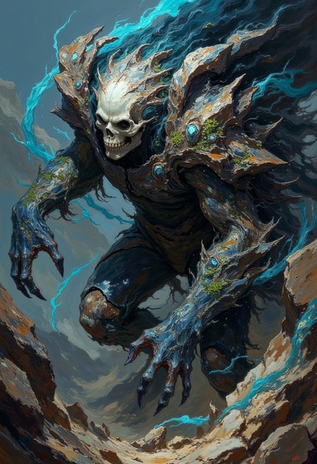 detailed photorealistic image, closeup portrait of (evil (undead) (stone being:0.7), (golem:0.9), corrupted, hovering stones and dirt forming the rough shape of a (human:0.7), (hair:0.2), corrupted grey (skin:0.7) made of dirty-stone, (lichen:0.4), horror, (stone  ((geode)) skull:0.4), (obsidian:0.3), flowing with (grey:0.3) magic, magical lichen, swirling transparent dark blue magic, stone skeleton, dramatic angle, (extreme angle shot), epic fantasy, (hands:0.7) and (legs:0.7) made of rocks, (head:0.4) made of geode, close-up, (oil painting), in (ukiyo-e style:0.8), (by Edgar Degas:1.1), (by Pierre-Auguste Renoir:0.7), (by Claude Monet), (by Vincent Van Gough:1.2), directional lighting, masterpiece, perfect composition,