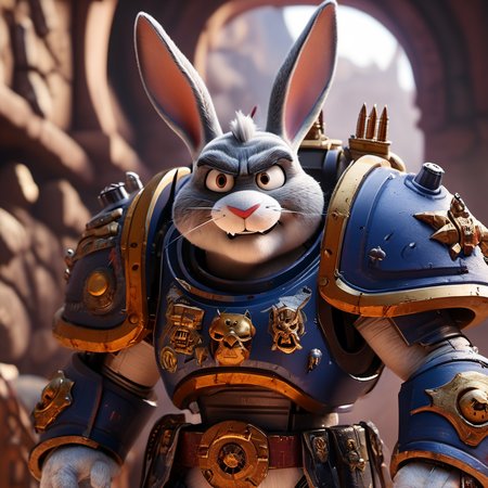 masterpiece, 8k, best quality, high detail, Bugs Bunny as dark space chaos marine, angry:1.5 eyes, adult, warhammer 40k, space