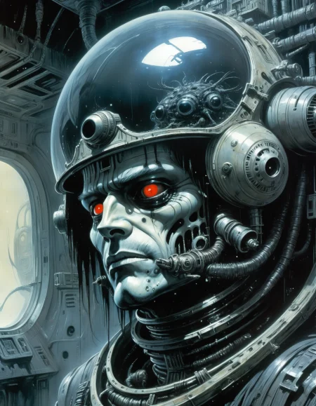 "Close-up, front-facing view of a scavenger, his face reflecting horror, within the chilling confines of a derelict space station. Sharp contrasts, lavishly intricate, drawing from H.R. Giger", surrealism, weird and pissed off, oil on canvas, dry brush, <lora:John Berkey Style:0.9>, John Berkey Style