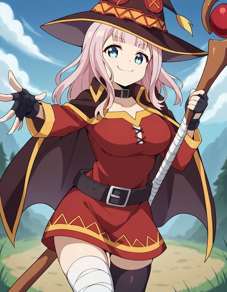 score_9, score_8_up, score_7_up, source_anime, chikafujiwara, <lora:chika-fujiwara-s3-ponyxl-lora-nochekaiser:1>, chika fujiwara, long hair, bangs, blue eyes, bow, pink hair, hair bow, blunt bangs, black bow, large breasts,, <lora:megumin-cosplay-ponyxl-lora-nochekaiser:1>, megumin cosplay, megumin (cosplay), thighhighs, gloves, hat, dress, black gloves, belt, black thighhighs, fingerless gloves, cape, collar, witch hat, bandages, red dress, single thighhigh, asymmetrical legwear, bandaged leg,, staff, holding staff, smug, outdoors, looking at viewer, cowboy shot,