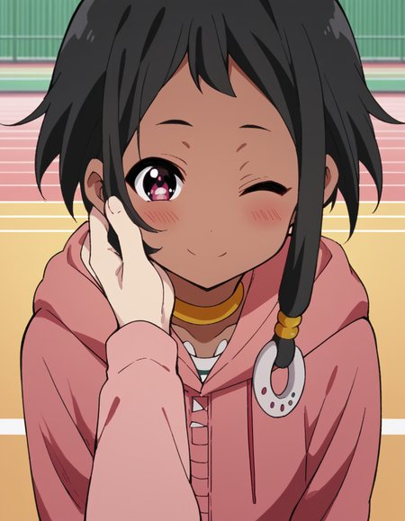 score_9, score_8_up, score_7_up, source_anime, <lora:choi-mochimazzi-s1-ponyxl-lora-nochekaiser:1>, choi mochimazzi, short hair, black hair, dark skin, dark-skinned female, pink eyes, sidelocks, jewelry, hoodie, pink hoodie, skirt,, roller coaster, tracks, speed, fun, thrill, , <lora:guided-hand-on-cheek-ponyxl-lora-nochekaiser:1>, guided hand on cheek, hand grab, hand on another's cheek, hand on another's face, looking at viewer, pov, pov hands, smile, blush, one eye closed, caress, caressing cheek, looking at viewer, solo,, dutch angle, cowboy shot