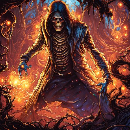 professional 3d model breathtaking anime artwork skeleton mage deep glowing eyes casting a (fire spell:1.4) wearing tethered appeal, horrible terror, gore, blood,   in a (dark:1.3) dungeon by  dnmumfrd <lora:dan_mumford_v09:1.7>  cornell box . key visual, vibrant, studio anime, highly detailed . award-winning, professional, highly detailed . octane render, highly detailed, volumetric, (dramatic lighting, rim lighting:3), (dark horror theme:3) (illustration:2), (cracked skull:1.5) cel shading, (perfect drawing:2), cinematic film still  . shallow depth of field, vignette, highly detailed, high budget, bokeh, cinemascope, moody, epic, gorgeous, film grain, grainy, breathtaking  . award-winning, professional, highly detailed, horror-themed  . eerie, unsettling, dark, spooky, suspenseful, grim, highly detailed, disco-themed  . vibrant, groovy, retro 70s style, shiny disco balls, neon lights, dance floor, highly detailed, long exposure photo of  . Blurred motion, streaks of light, surreal, dreamy, ghosting effect, highly detailed