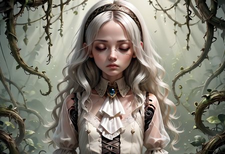 score_9,score_8_up,score_7_up,score_6_up,score_5_up,score_4_up,<lora:Anime_Style_For_Pony:0.5>,source_anime,perfect eyes,1girl,amputee,ascot,brooch,closed eyes,cracked skin,doll,doll joints,expressionless,eyelashes,flat chest,hair spread out,hairband,jewelry,joints,lace,long hair,pale skin,plant,quadruple amputee,see-through clothes,see-through sleeves,vines,wavy hair,raytracing, shadow deep