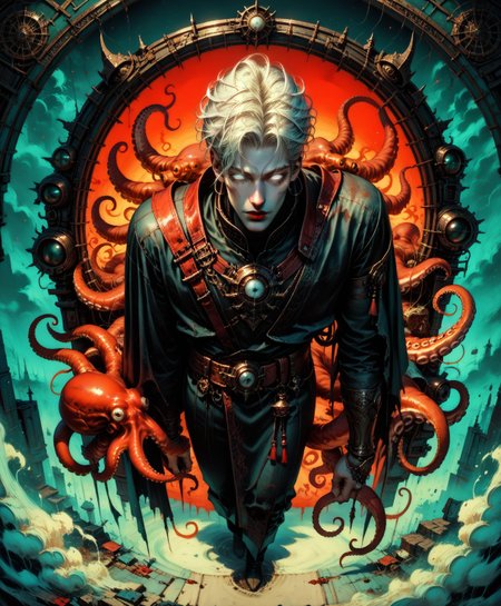 (score_9, score_8_up, score_7_up, fantasy portrait, 1boy, male focus, mist, dutch angle, correct anatomy, above angle, pale skin, white hair, full-length, hidden eyes, his eyes in shadow, glowing eyes, white eyes, chaotic, ethereal setting, fantasy background, red lips, <lora:octopus_v0.2-pony:0.8> octopus, <lora:GRIM_v1:0.5> limited palette, <lora:Dorohedoro_Style:0.3> drhdr_style, <lora:add-detail-xl:0.8> all, Lovecraft, masterpiece, best quality, absurdres, newest, perfect quality, detailed background, intricate details,