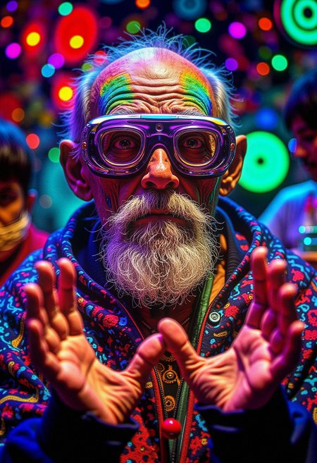 an old man with open hands, wearing cybernetics glasses, in a colorful Goa world, bo-psychedelic, psychedelic surrealism. , Kodak ultra max 800, <lora:Flux\boFLUX Psychedelic Surrealism v1.safetensors:1.0:1.0>