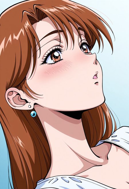 masterpiece, best quality, newest, highres, uncensored, 1girl, yokota mamoru style,1girl,Sendou Chika,brown hair,long hair,slim,solo, open eyes, earrings, jewelry, long hair, blush, close-up,, dutch angle, portrait,full dressed