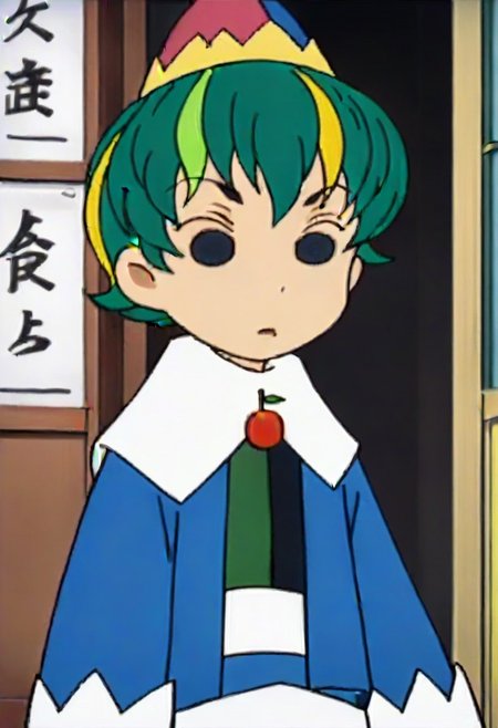 hat, green hair, multicolored hair, long sleeves, short hair, cherry, fruit, 1girl, blonde hair, black eyes,,,,,,,,,,, ,,,,,anime coloring,anime screencap, 1girl,Solo ,, anime,,,,official art, Uncensored ,Unedited ,,,,, ,,,,,,