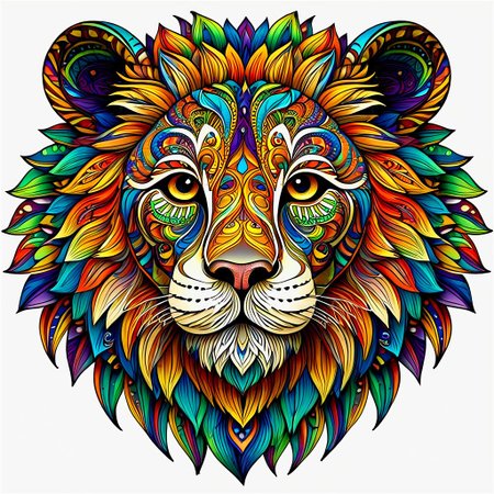 create a straight forward image of a Lions face made of intricate and complex mandala designs, extremely beautiful colors showing an aura of beauty, blend rainbow colors in an Ambre, UHD, 32K